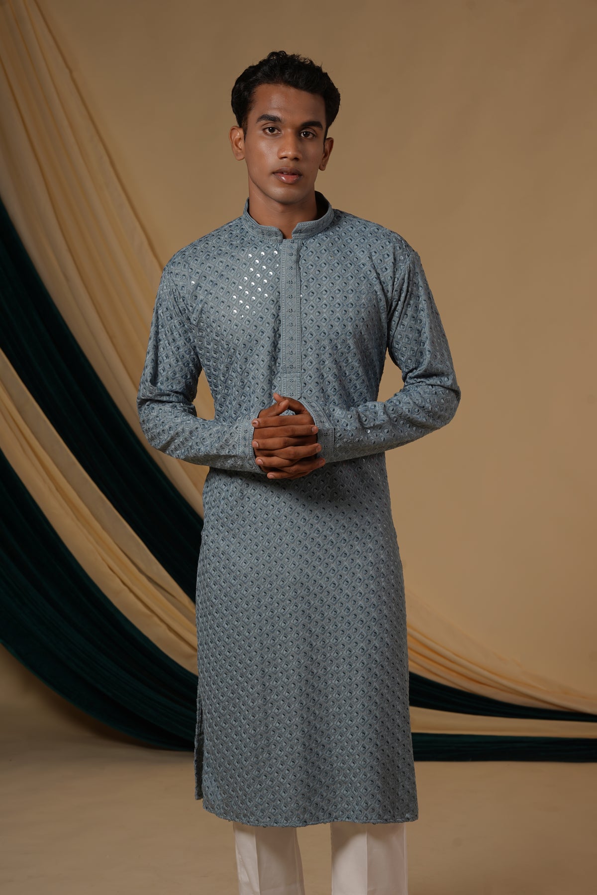 Marine Blue Rayon Sequins Threadwork Kurta Set