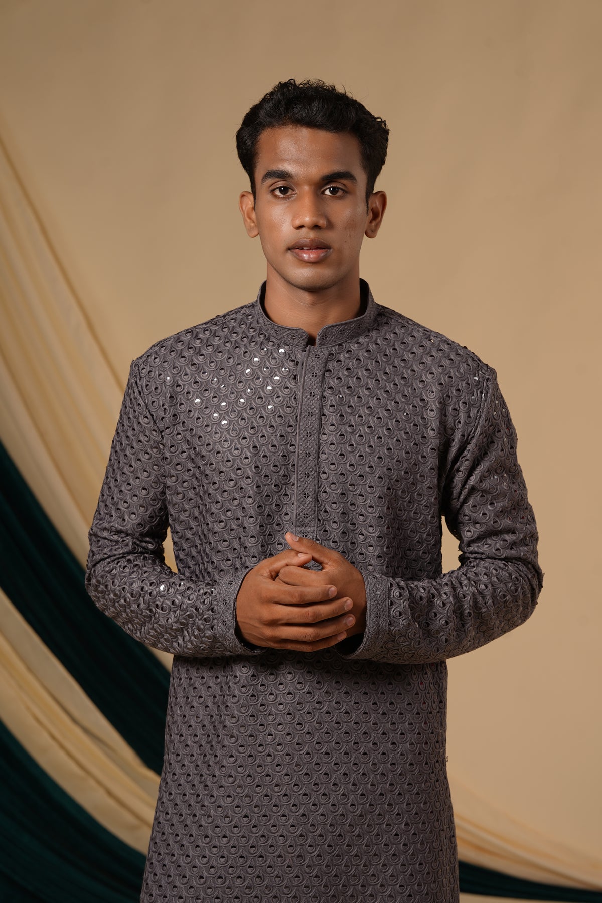 Dark Grey Rayon Sequins Threadwork Kurta Set