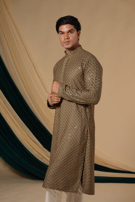 Olive Green Rayon Sequins Threadwork Embroidery Kurta Set