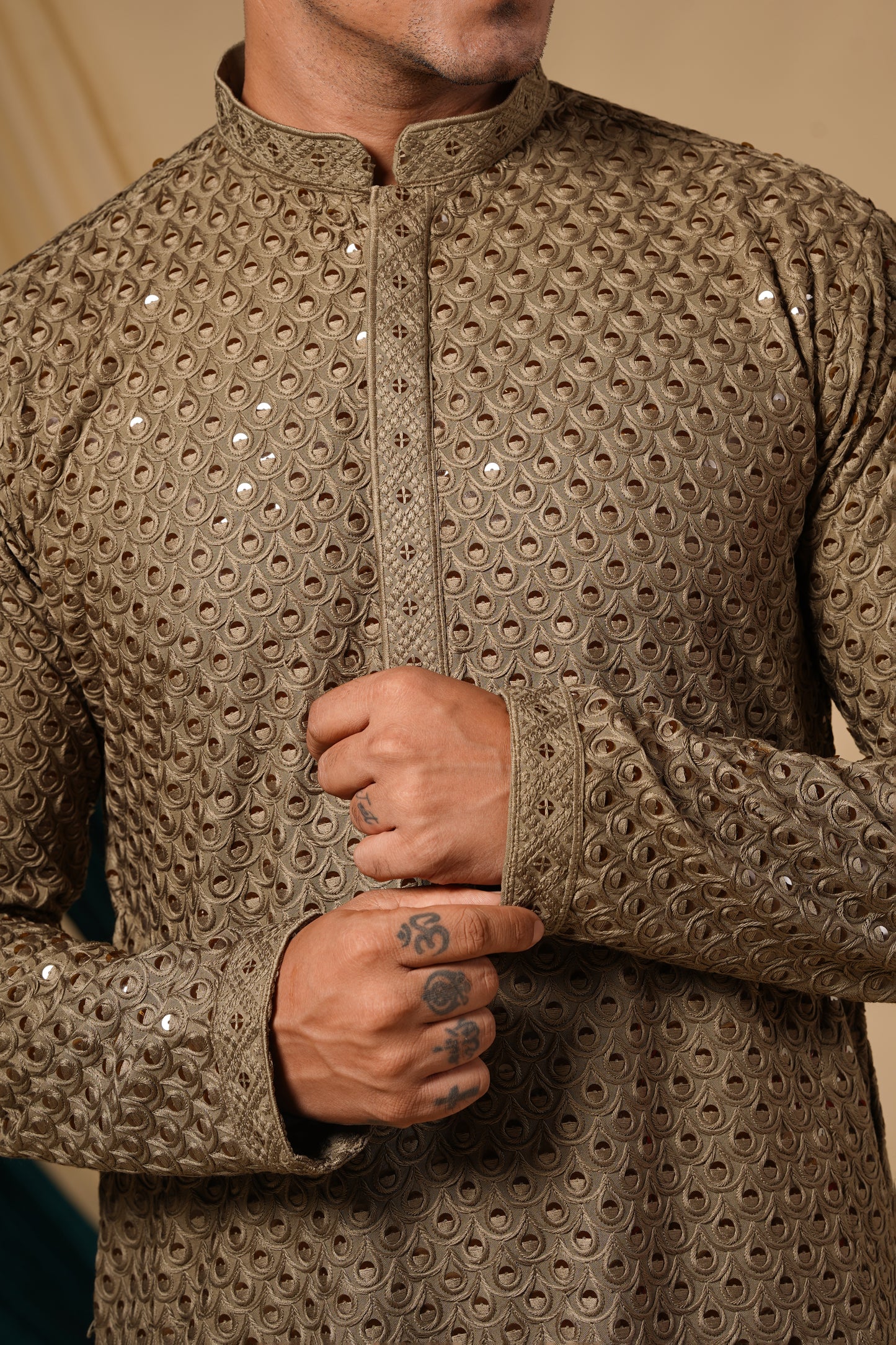 Olive Green Rayon Sequins Threadwork Embroidery Kurta Set