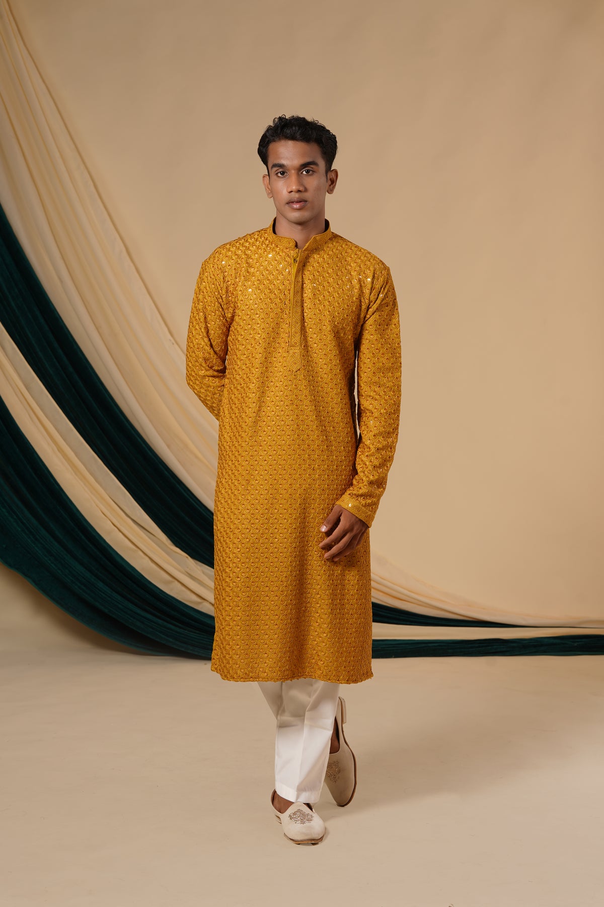 Mustard Rayon Sequins Threadwork Kurta Set