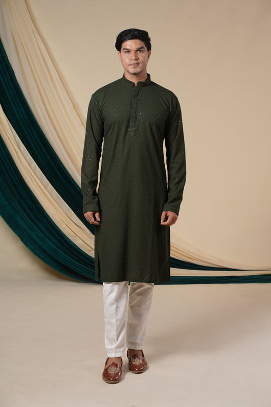 Dark Green Rayon Sequins Threadwork Kurta Set