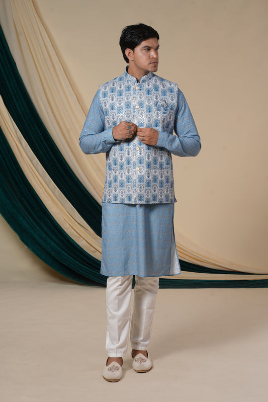 Sky Blue	Floral Print Sequins Work Kurta set With Jacket