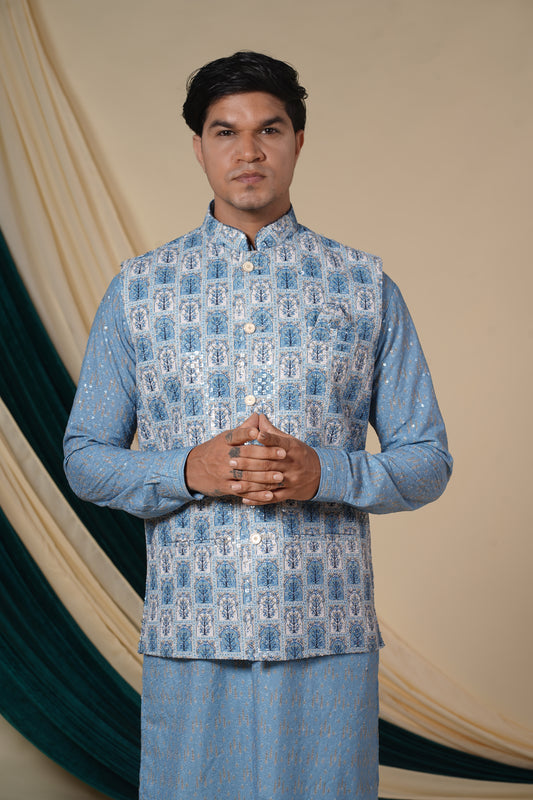 Sky Blue	Floral Print Sequins Work Kurta set With Jacket