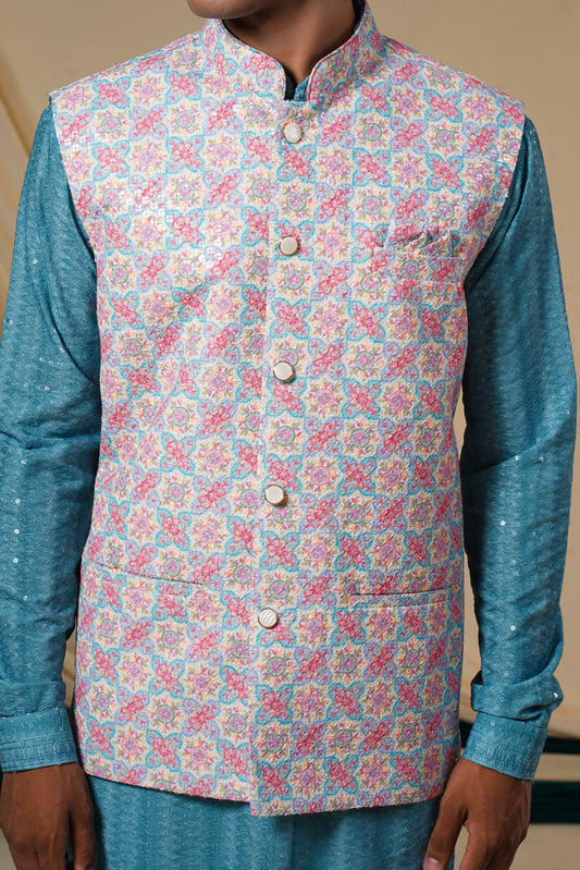 Light Blue Georgette Floral Print  Sequins Kurta Set With Jacket