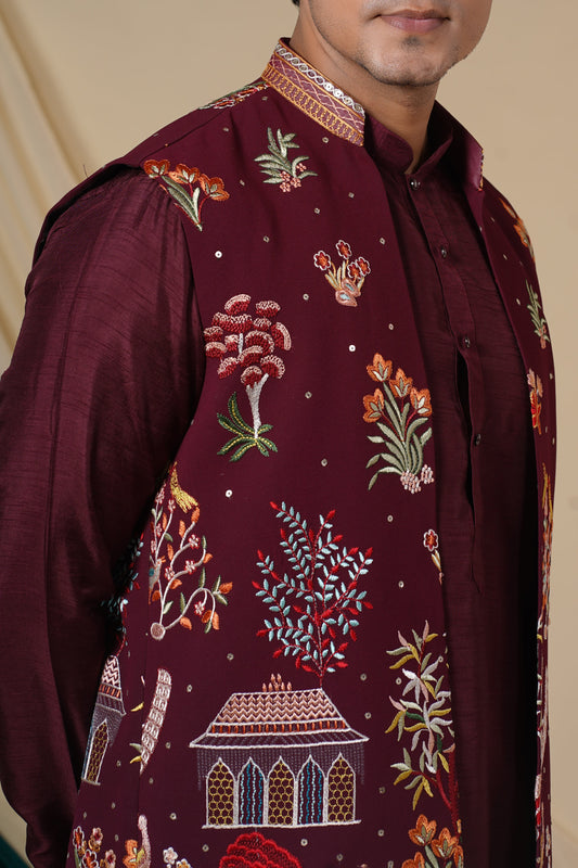 Maroon Georgette Multicolour Threadwork Kurta Set With Jacket