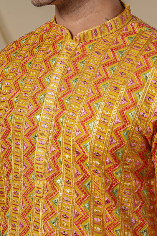 Yellow Georgette Multicolour Threadwork Kurta Set