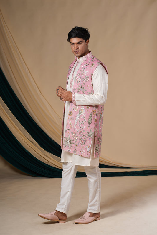 Pink	 Multicolour Thread Embroidery Kurta Set With Jacket