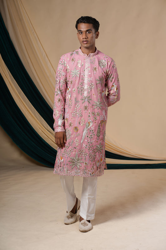 Pink	Georgette Floral Embroidery Kurta  Set