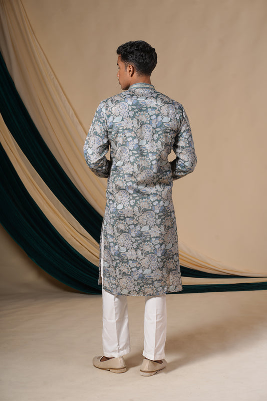 Blue Chinnon Floral Print kurta Set