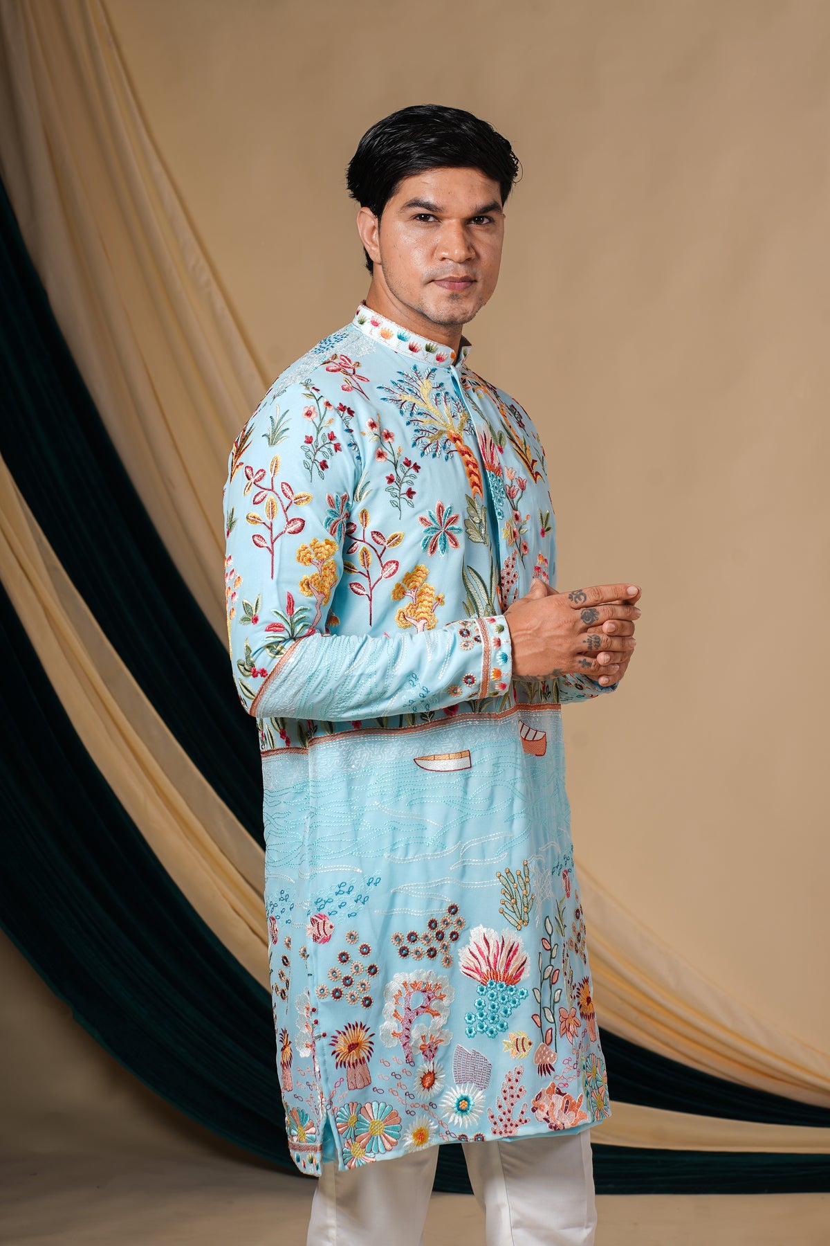 Sky Blue	Georgette With  Multicolour Threadwork  Kurta Set