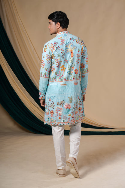 Sky Blue	Georgette With  Multicolour Threadwork  Kurta Set