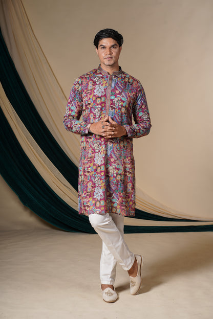 Pink Multicolour Print Embroidery Kurta Set