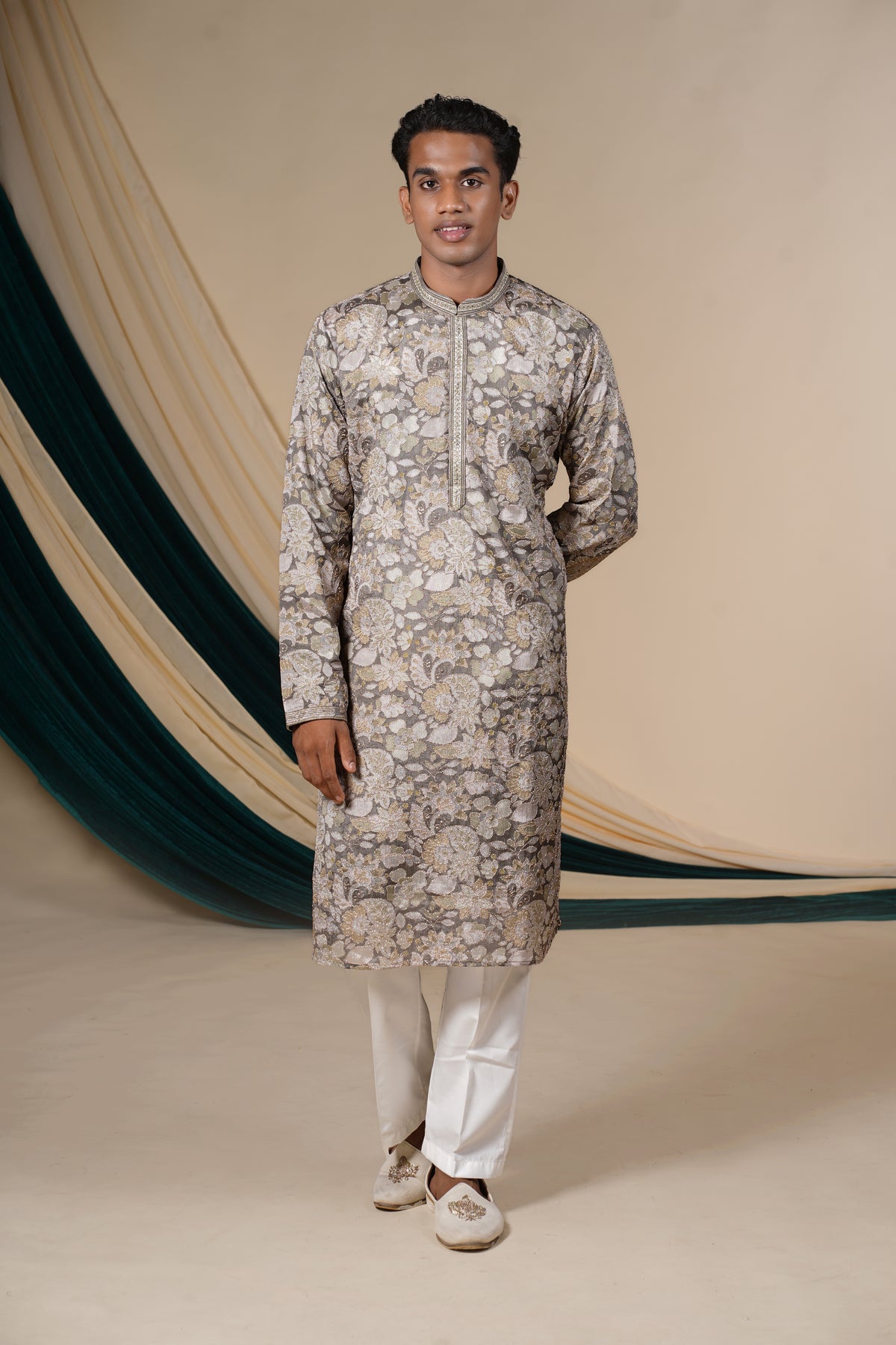 Grey Multicolour Sequins Embroidery Kurta Set