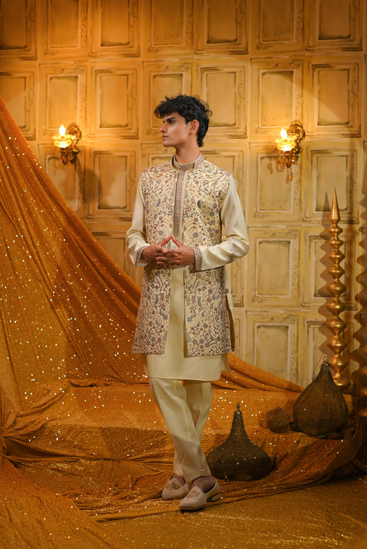 Embroidery Light Creame Kurta Set With Jacket