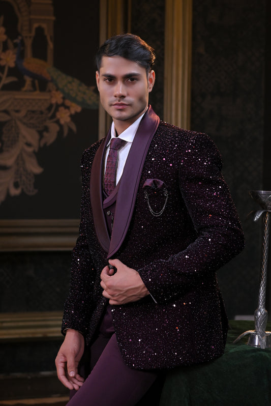 Festive Wine Sequin And Cutdana Embroidary Tuxedo Set