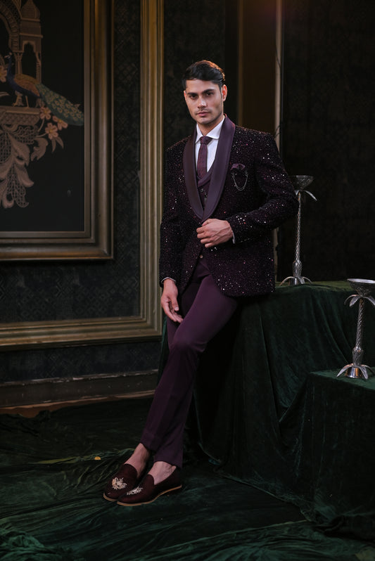 Festive Wine Sequin And Cutdana Embroidary Tuxedo Set