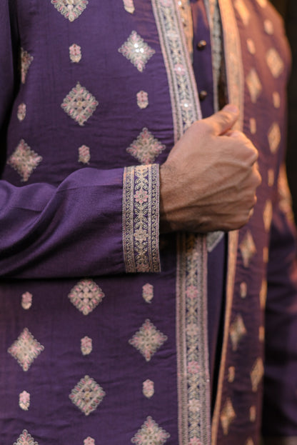 Purple Ethnic Embriodery Kurta Set With Jacket