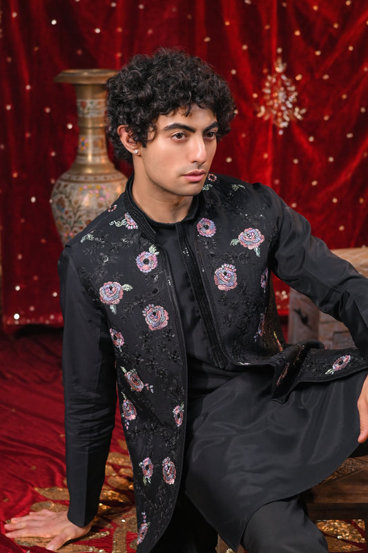 Black festive Multicolour Embroidery Kurta Set