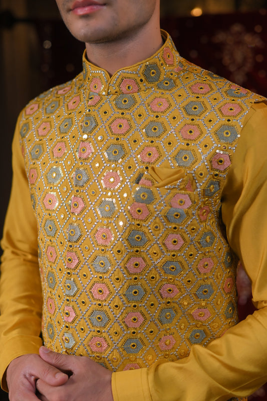 Ethnic Yellow Embroidered Kurta & Jacket