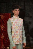 Festive Light Gray Multicolour Thread Work Embridery Kurta Set With Jacket