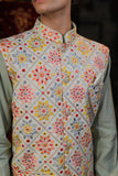 Festive Light Gray Multicolour Thread Work Embridery Kurta Set With Jacket