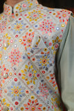 Festive Light Gray Multicolour Thread Work Embridery Kurta Set With Jacket