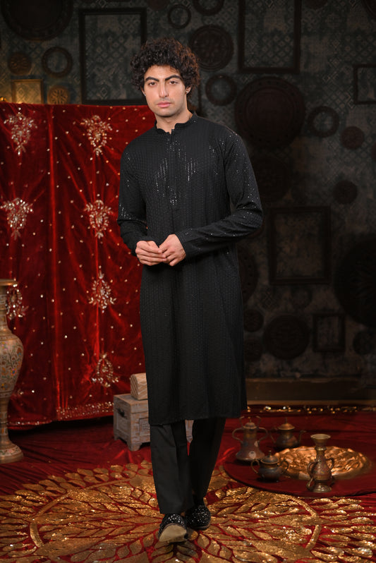 Black Sequins Thread Work Kurta Set