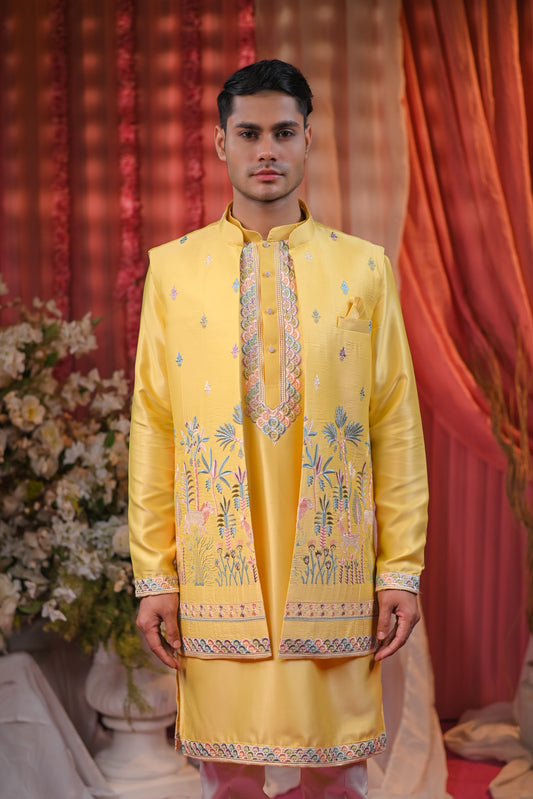 Ethnic Mustard Embroidery Kurta Set With jacket