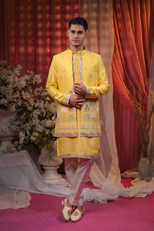 Ethnic Mustard Embroidery Kurta Set With jacket