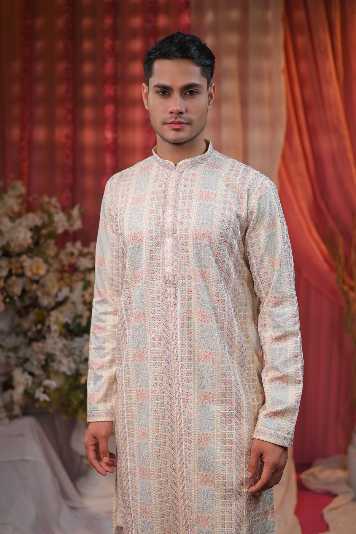 Off White Multicolour Threadwork Embroidery Kurta Set