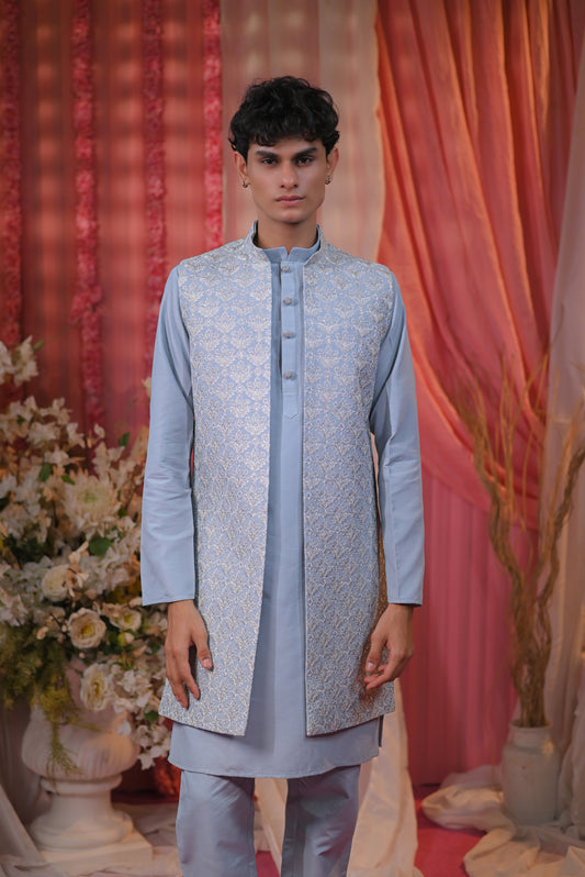 Festive Sky Blue Embroidery kurta Set With Jacket