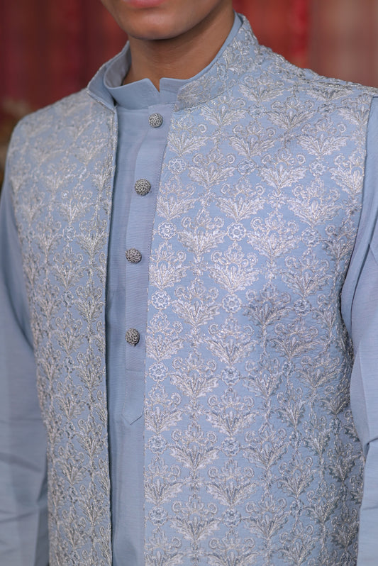 Festive Sky Blue Embroidery kurta Set With Jacket