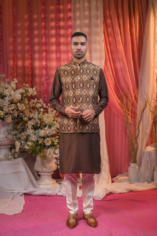 Festive Brown Kurta Set With Jacket