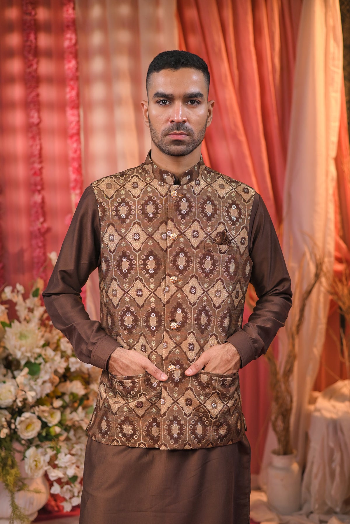 Festive Brown Kurta Set With Jacket