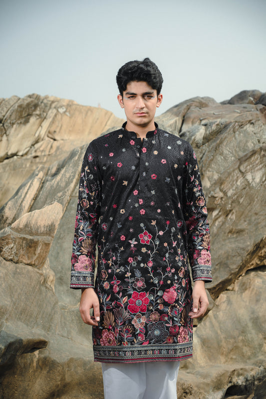 Black and White Silk Sequins Festive Kurta Set