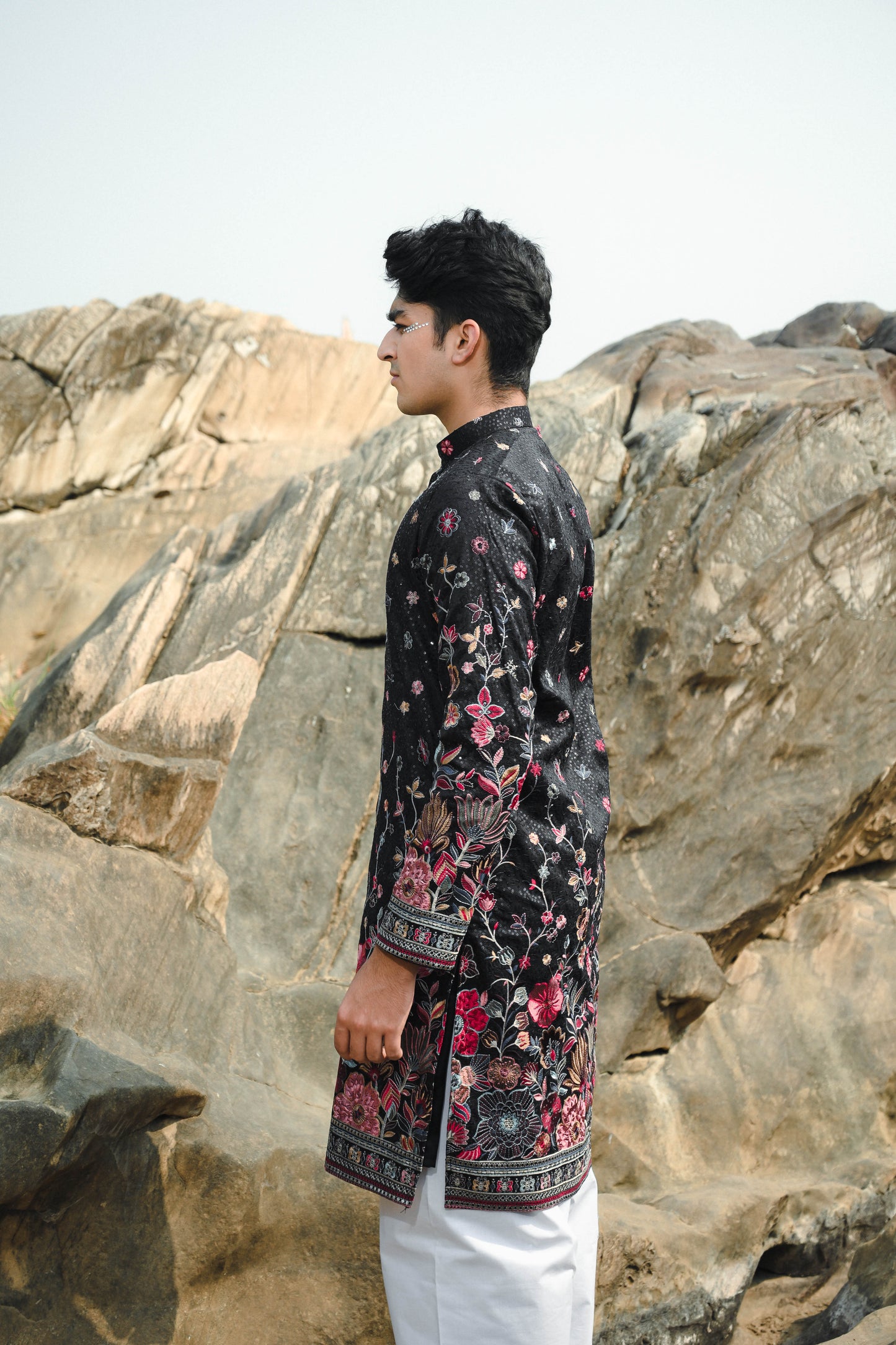 Black and White Silk Sequins Festive Kurta Set