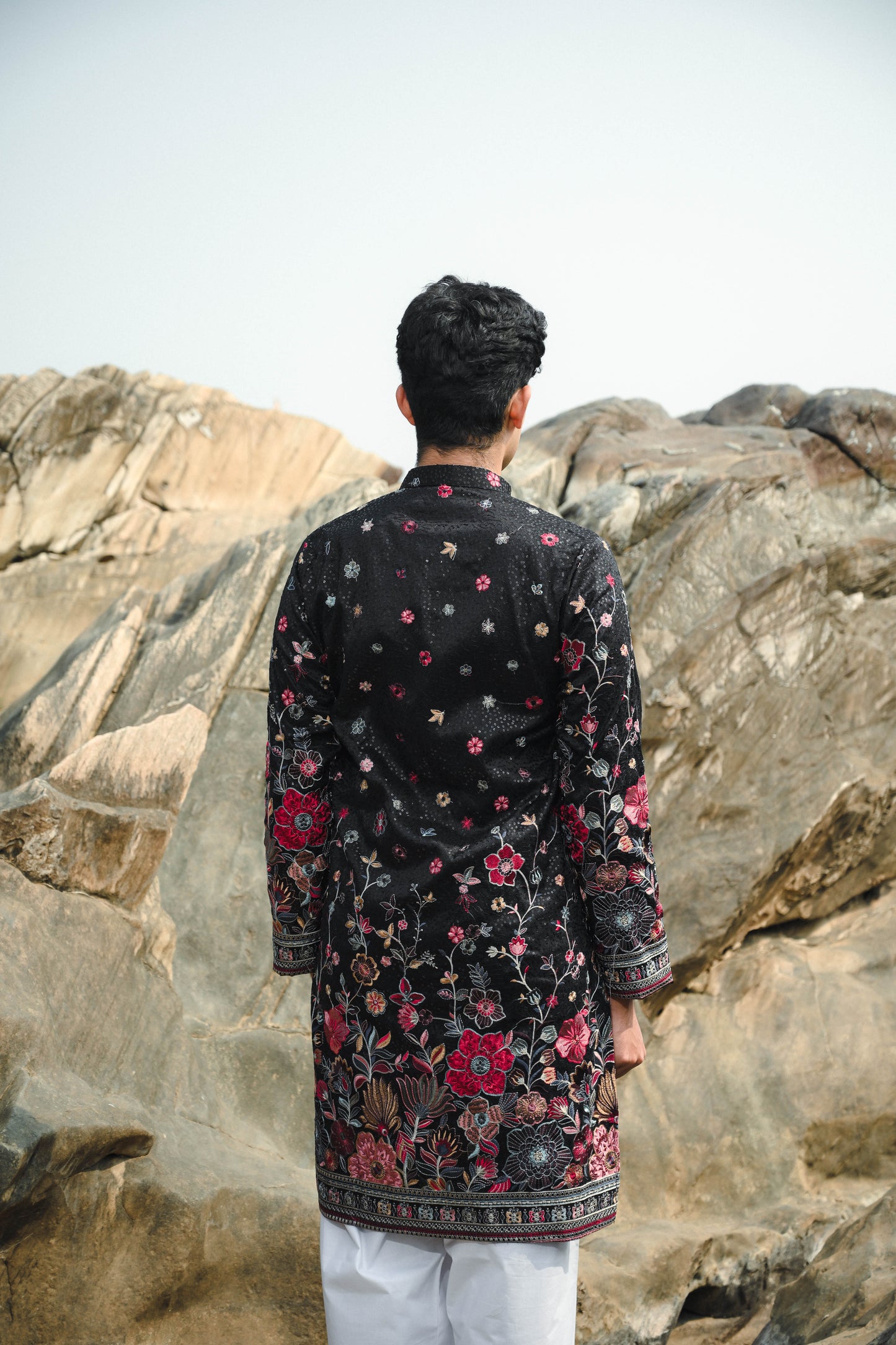 Black and White Silk Sequins Festive Kurta Set