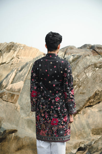 Black and White Silk Sequins Festive Kurta Set