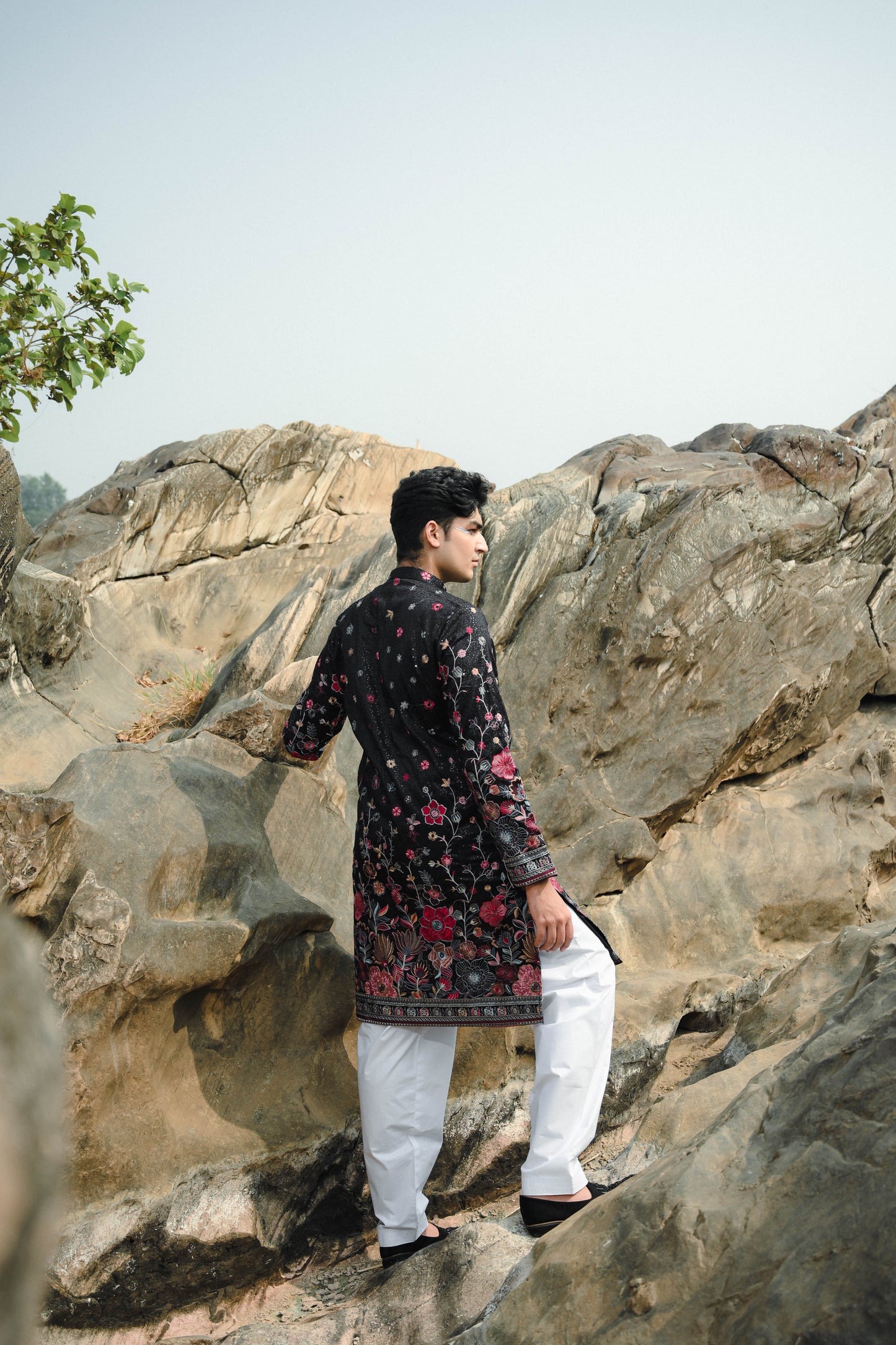 Black and White Silk Sequins Festive Kurta Set