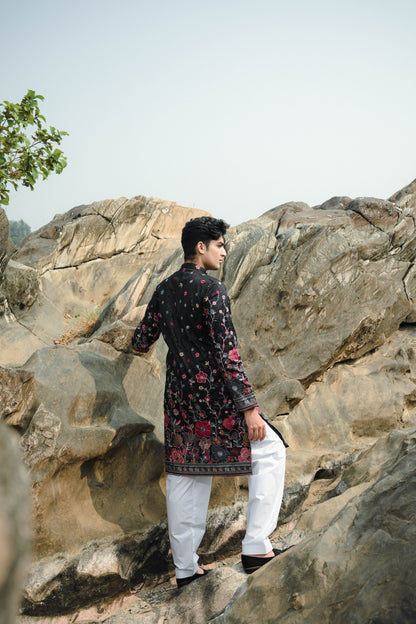 Black and White Silk Sequins Festive Kurta Set