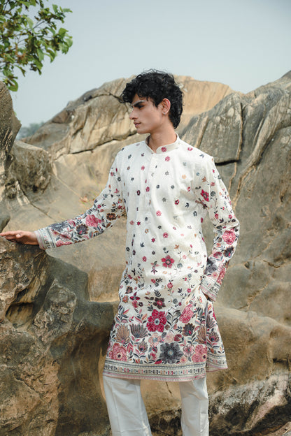 Black and White Silk Sequins Festive Kurta Set