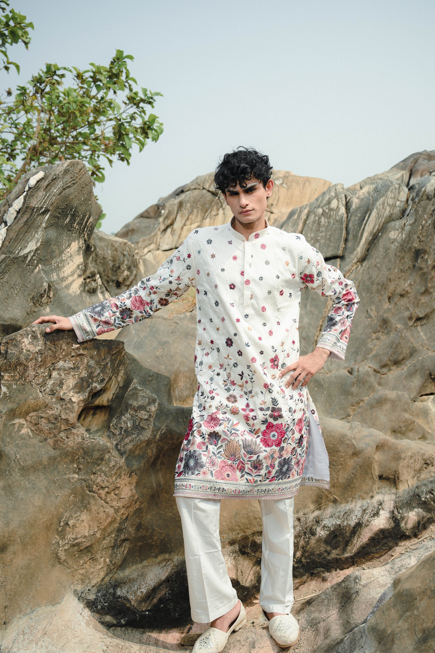 Black and White Silk Sequins Festive Kurta Set