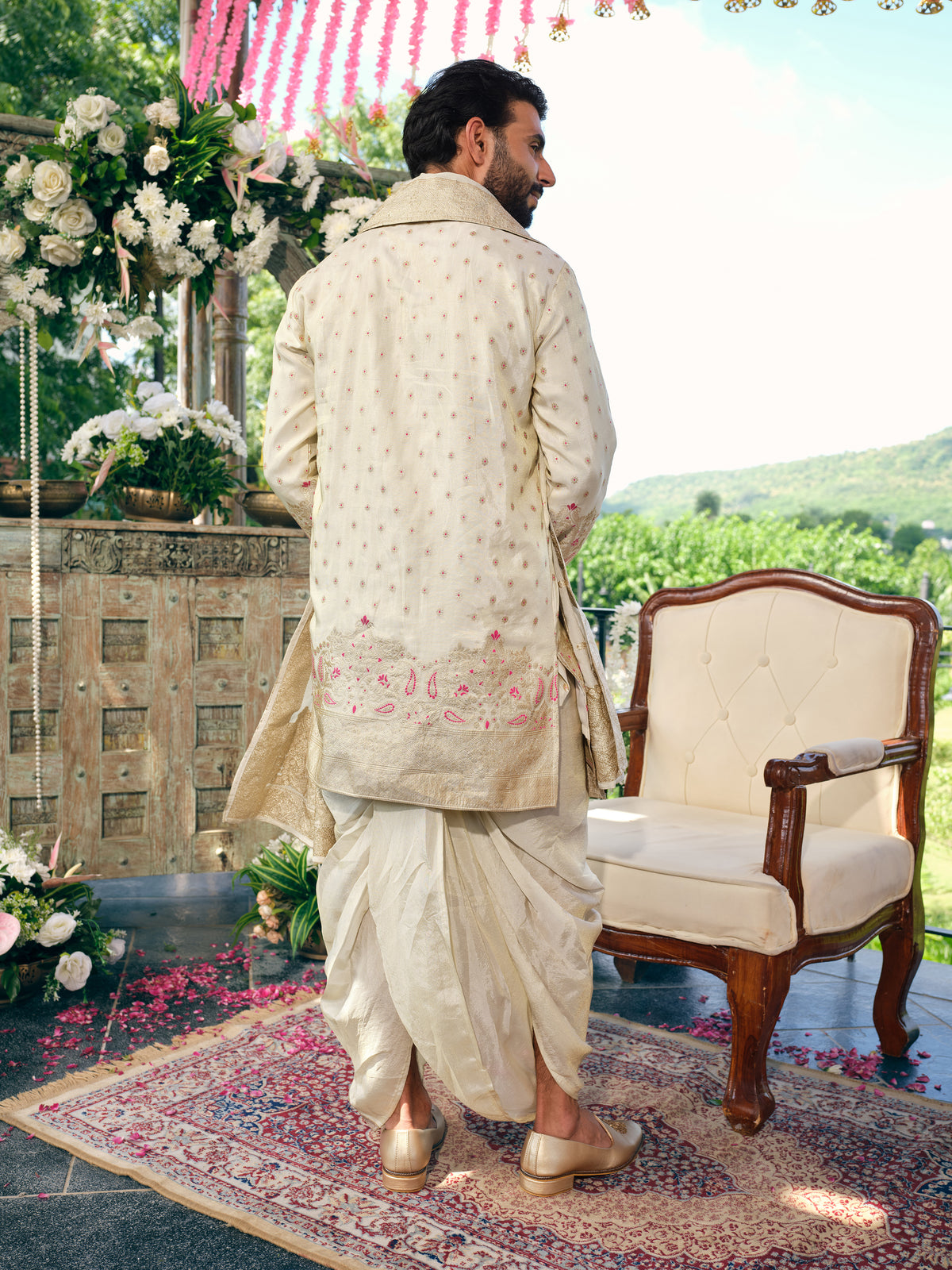 Cream Jacquard Dhoti Kurta Set with Meena Work