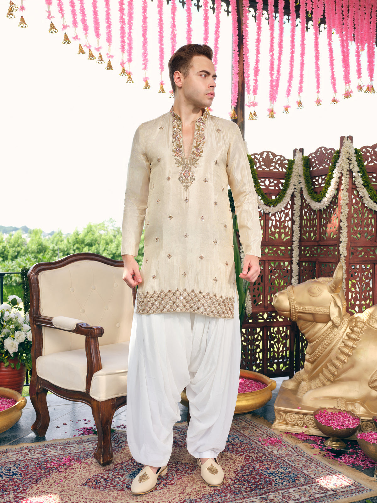 Champagne Cream Tissue Silk Short Kurta Set with Embroidery and Bead Work