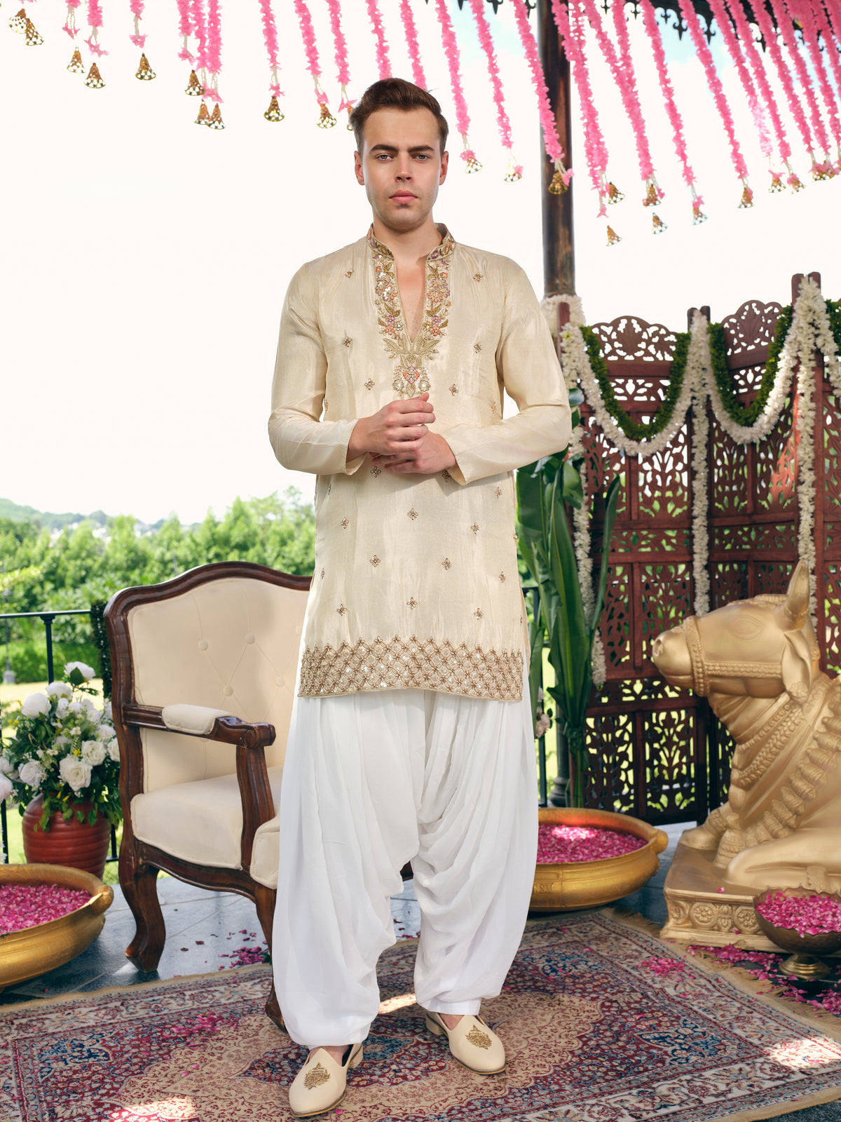 Champagne Cream Tissue Silk Short Kurta Set with Embroidery and Bead Work