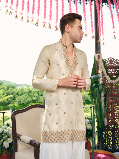 Champagne Cream Tissue Silk Short Kurta Set with Embroidery and Bead Work