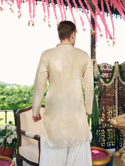 Champagne Cream Tissue Silk Short Kurta Set with Embroidery and Bead Work