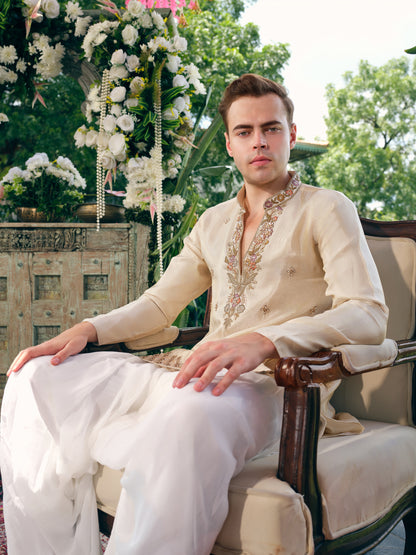 Champagne Cream Tissue Silk Short Kurta Set with Embroidery and Bead Work