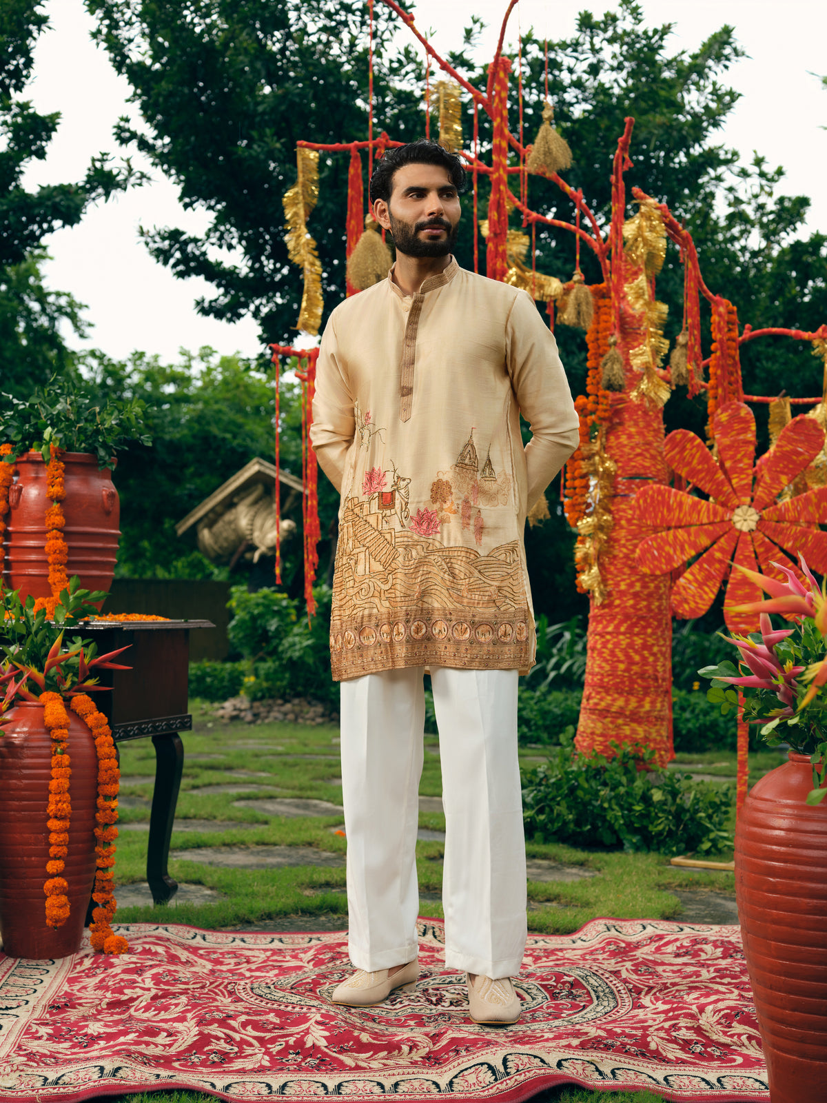 Fawn Silk Short Kurta Set with Bead Work